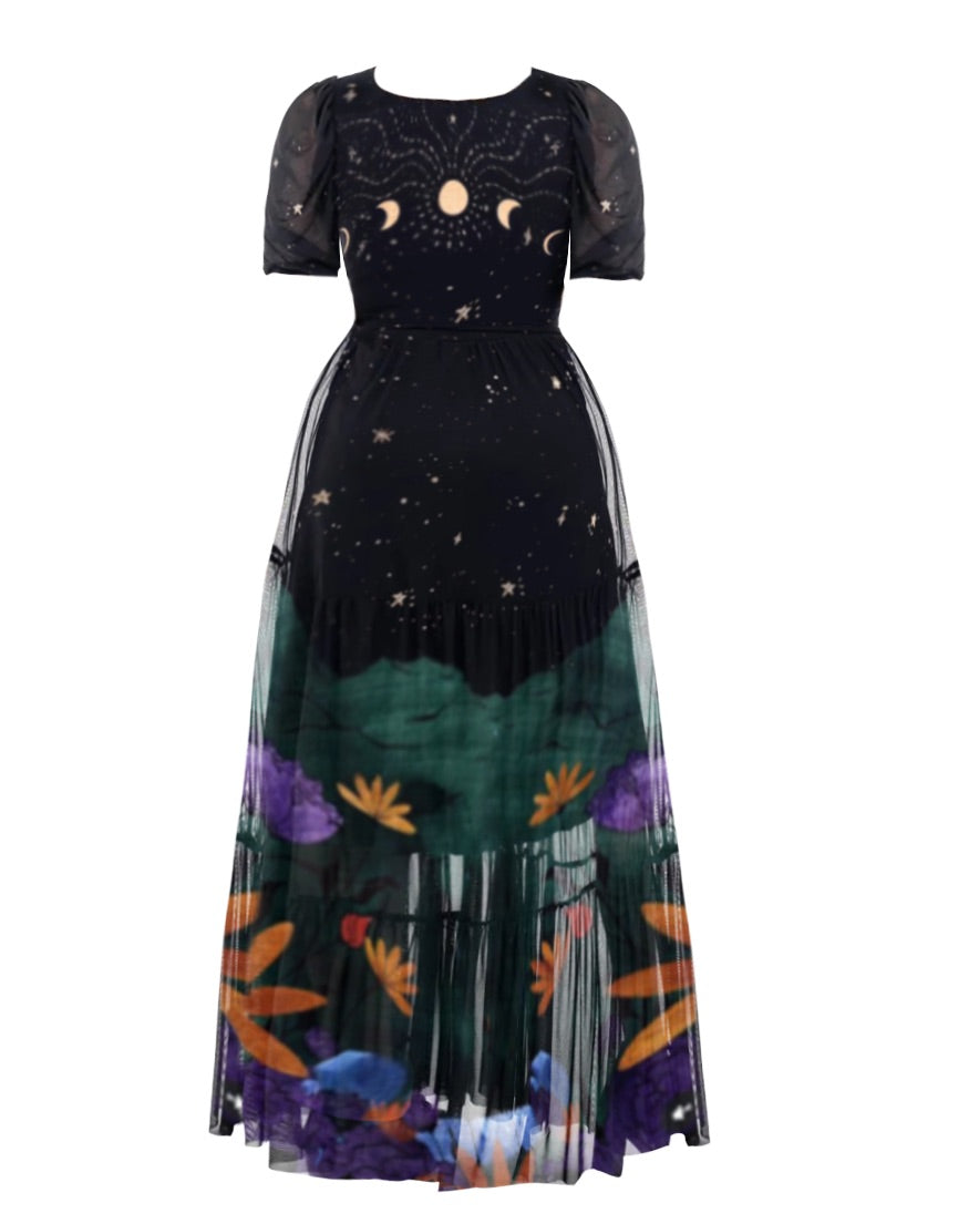 Fairytale Dream Lotus Pond And Moonlight Lingerin Pattern Print Chiffon Dress