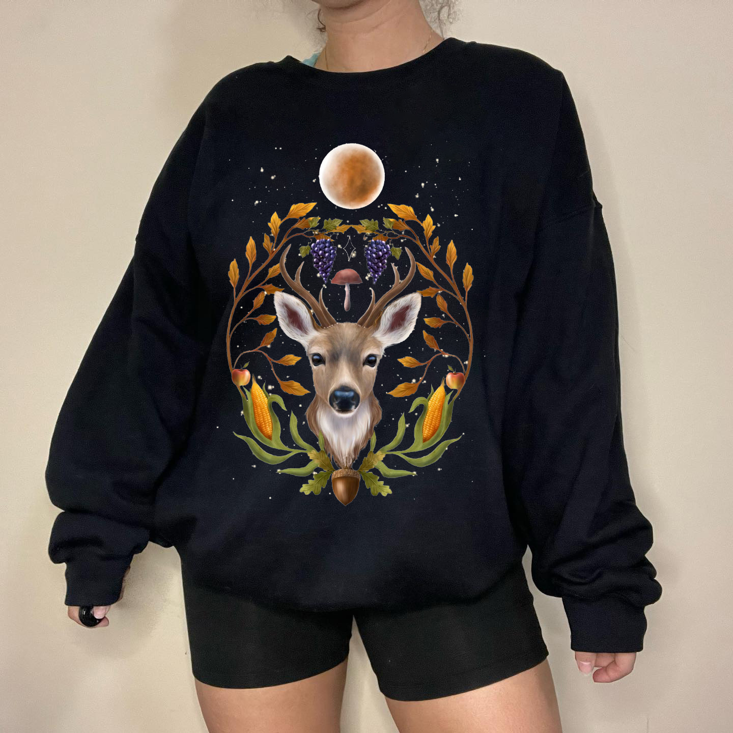 Autumn Leaves Deer Full Moon Printed Casual Sweatshirt