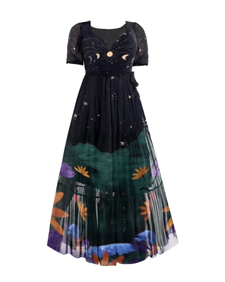 Fairytale Dream Lotus Pond And Moonlight Lingerin Pattern Print Chiffon Dress