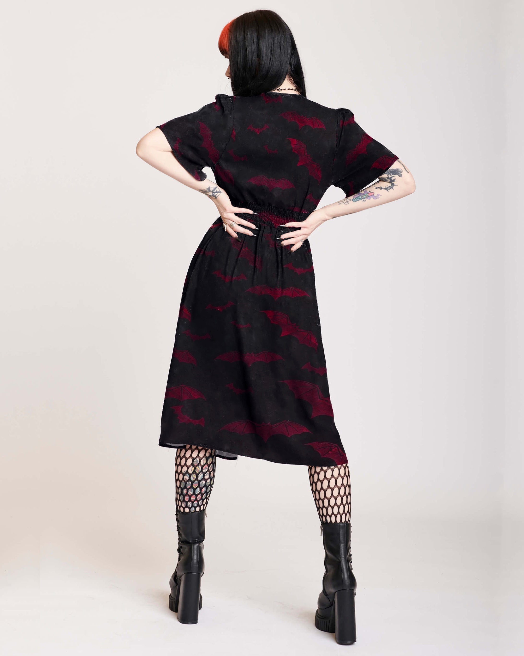 Dark Black Style Red Bat Family Print Casual Dress
