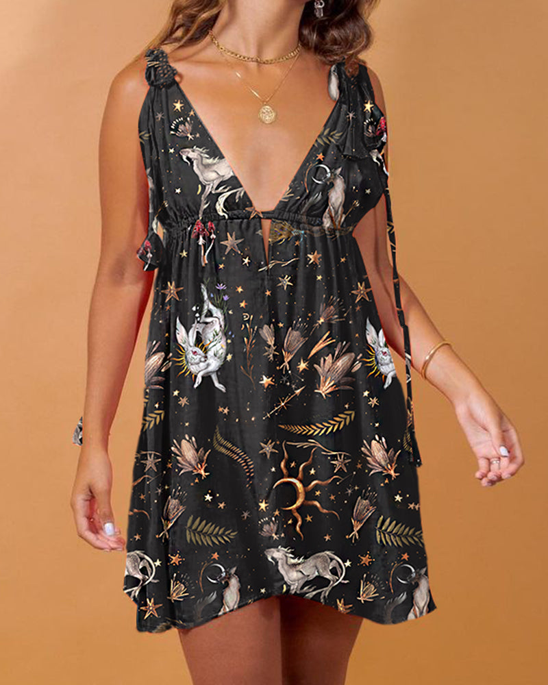 Magic Deer Family Print V-Neck Mini Dress