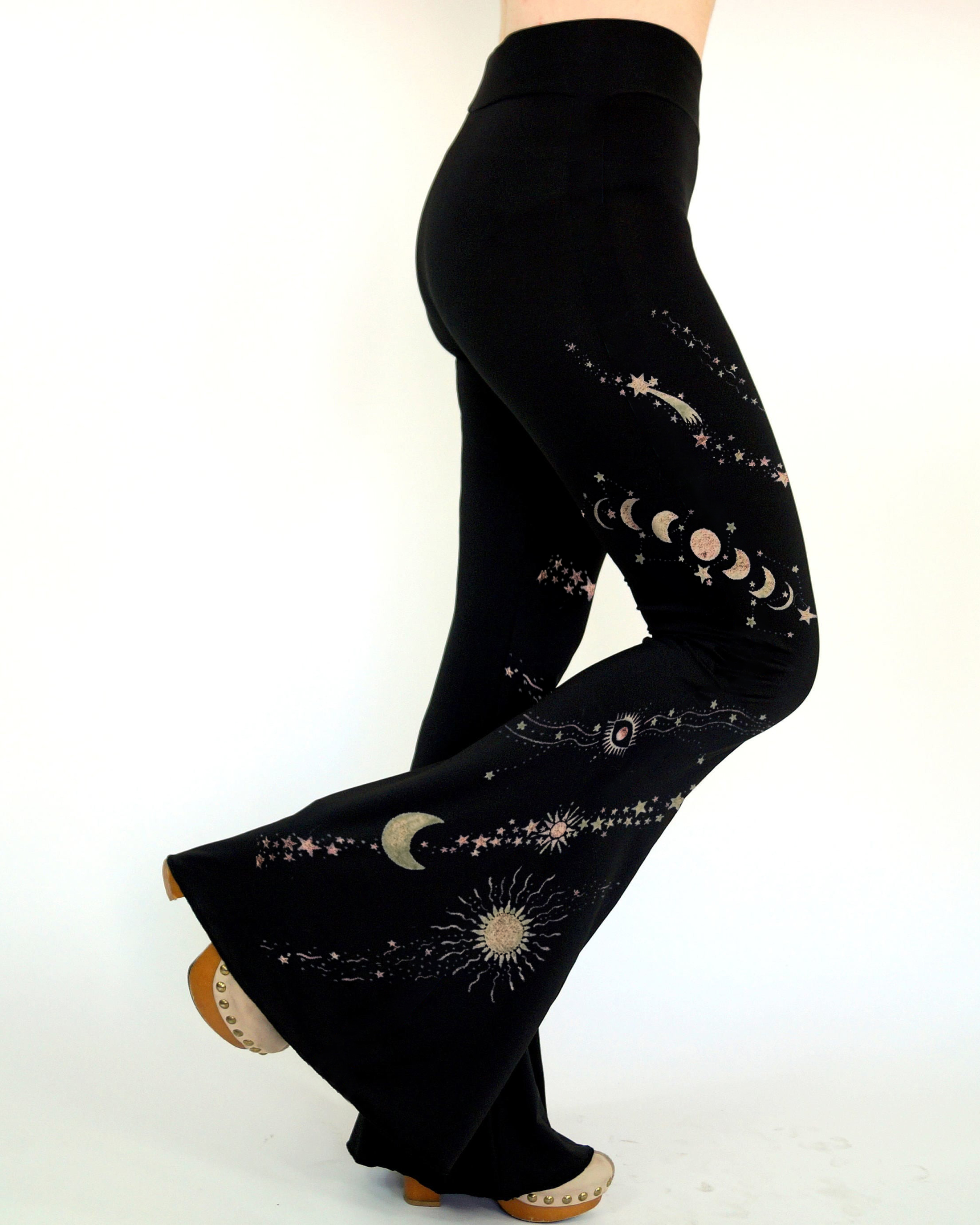 Mysterious Moon Phase Constellations Night Sky Printed Flare Pants