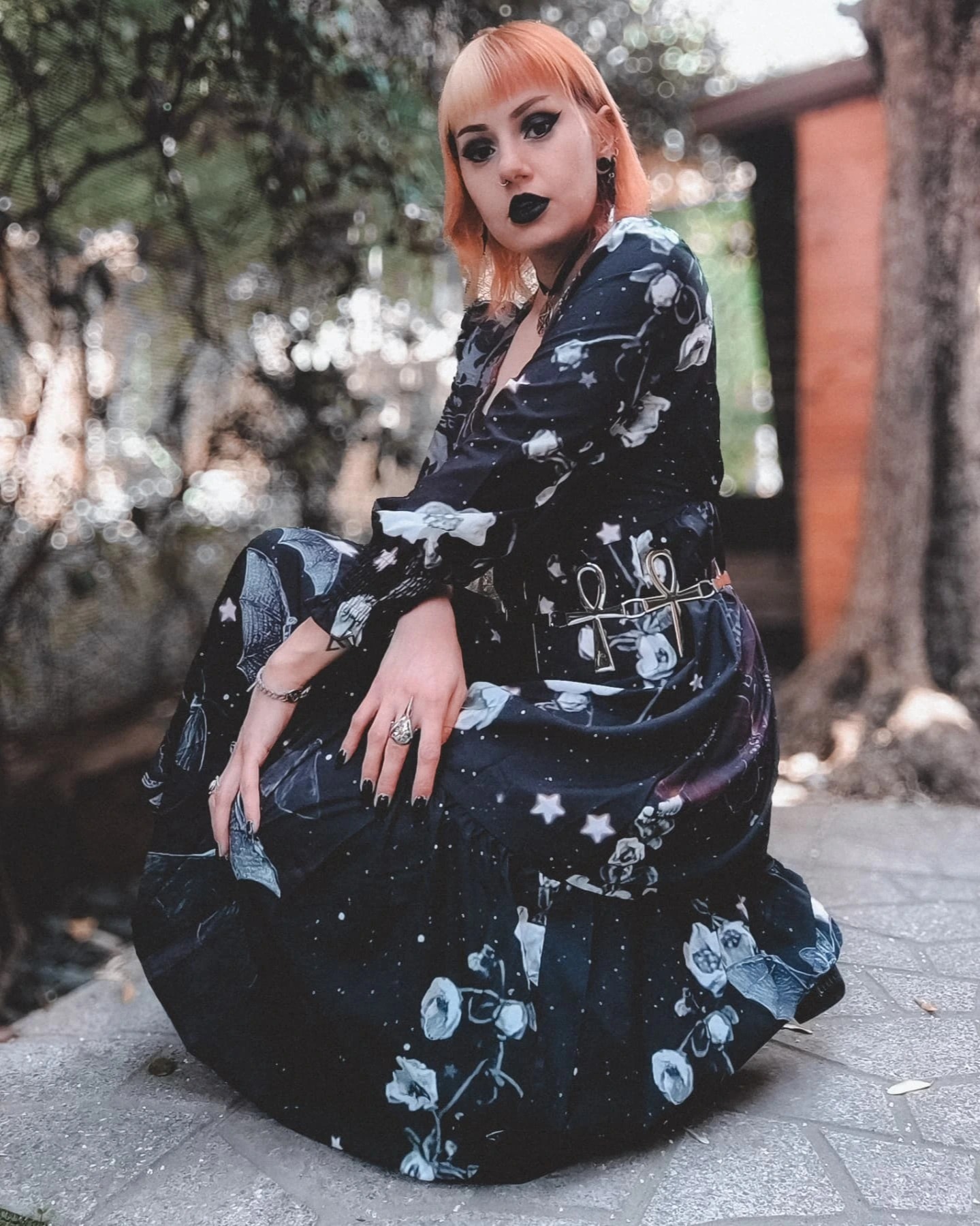 Dark Night Bat Starry Bloody Floal Printed 3/4 Sleeves Midi Dress