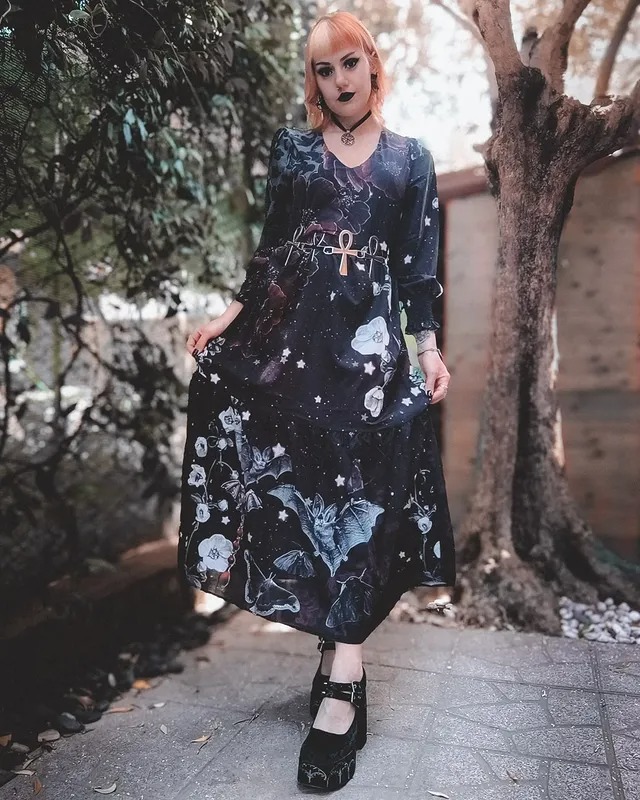 Dark Night Bat Starry Bloody Floal Printed 3/4 Sleeves Midi Dress