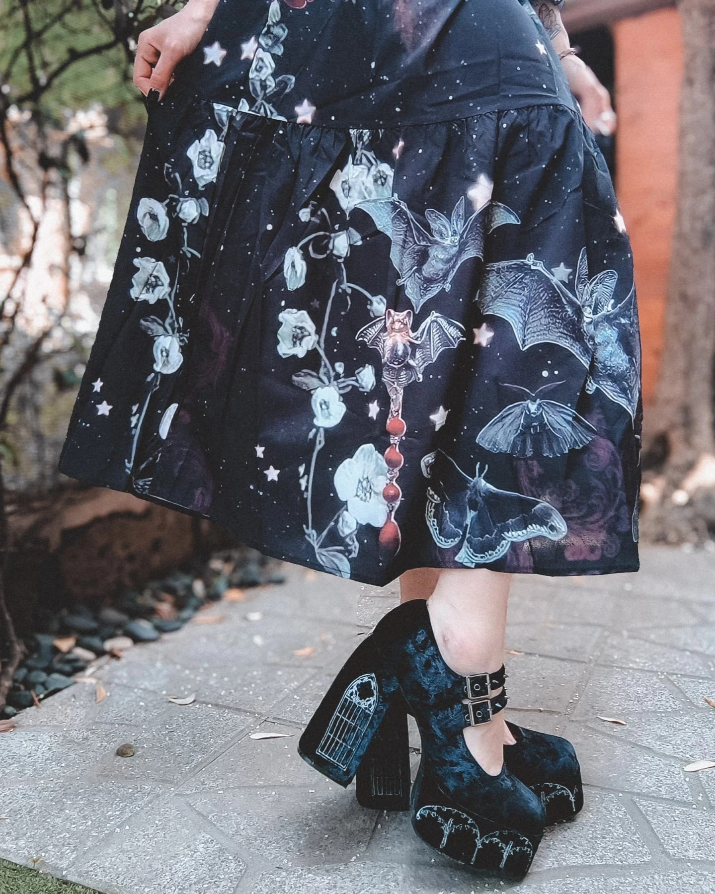 Dark Night Bat Starry Bloody Floal Printed 3/4 Sleeves Midi Dress