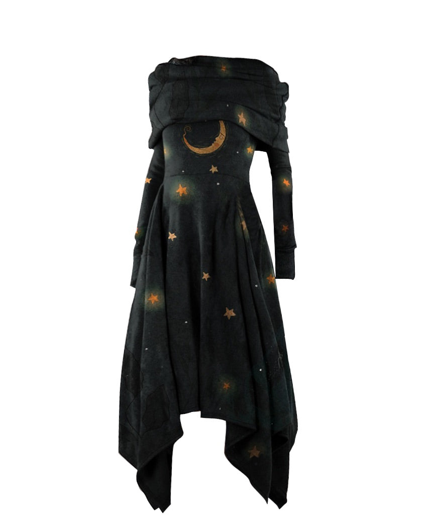 Moon Fairy and Fern Dark  Print Long Sleeve Thick Dress