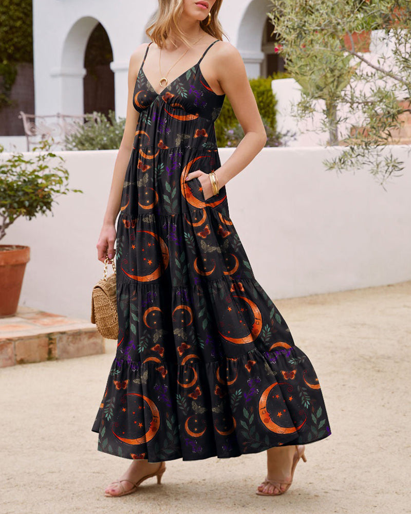 Dreamy Moon Print Suspenders V-Neck Dress