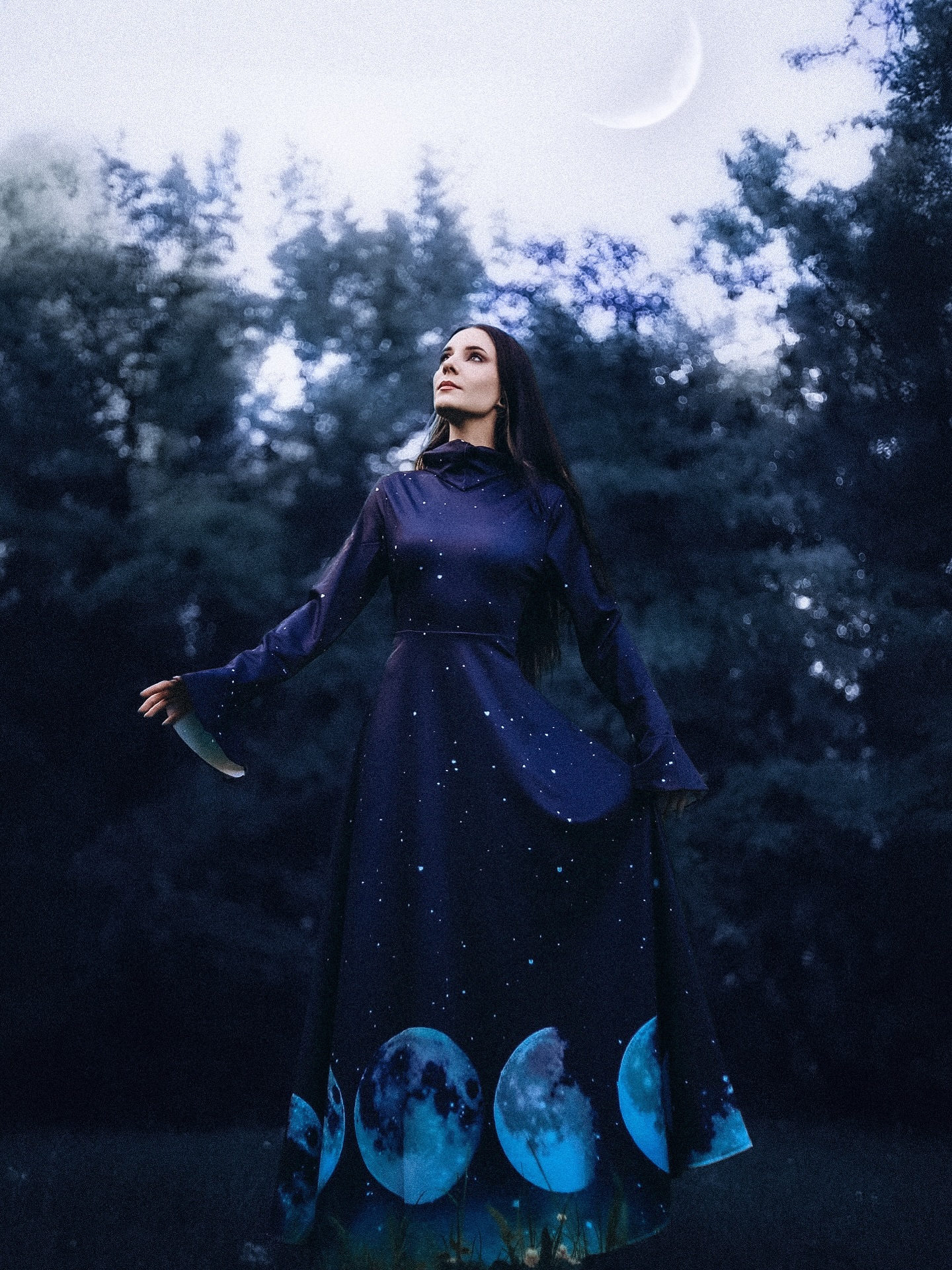 Dreamy Moon Phase Starry Sky Printed Lapel Dress