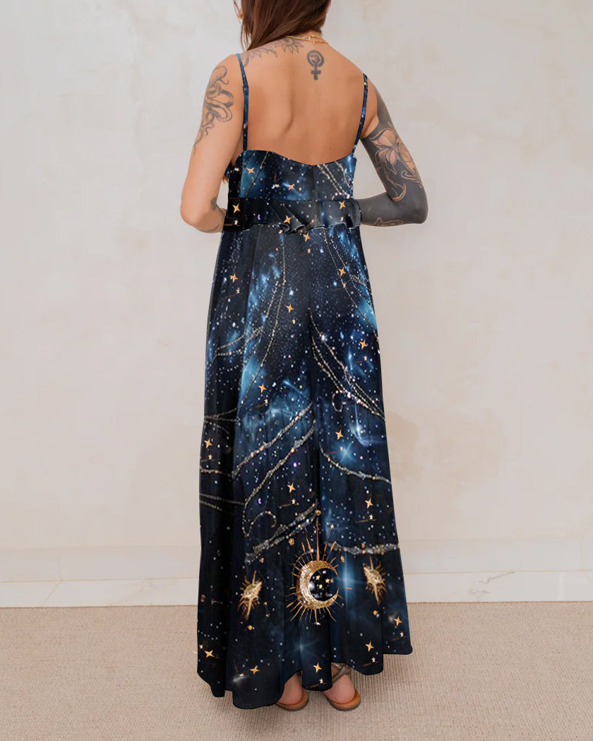 Undersea Starry Sky Gold Luna Gradient Pattern Printed Suspender Lace Midi Dress