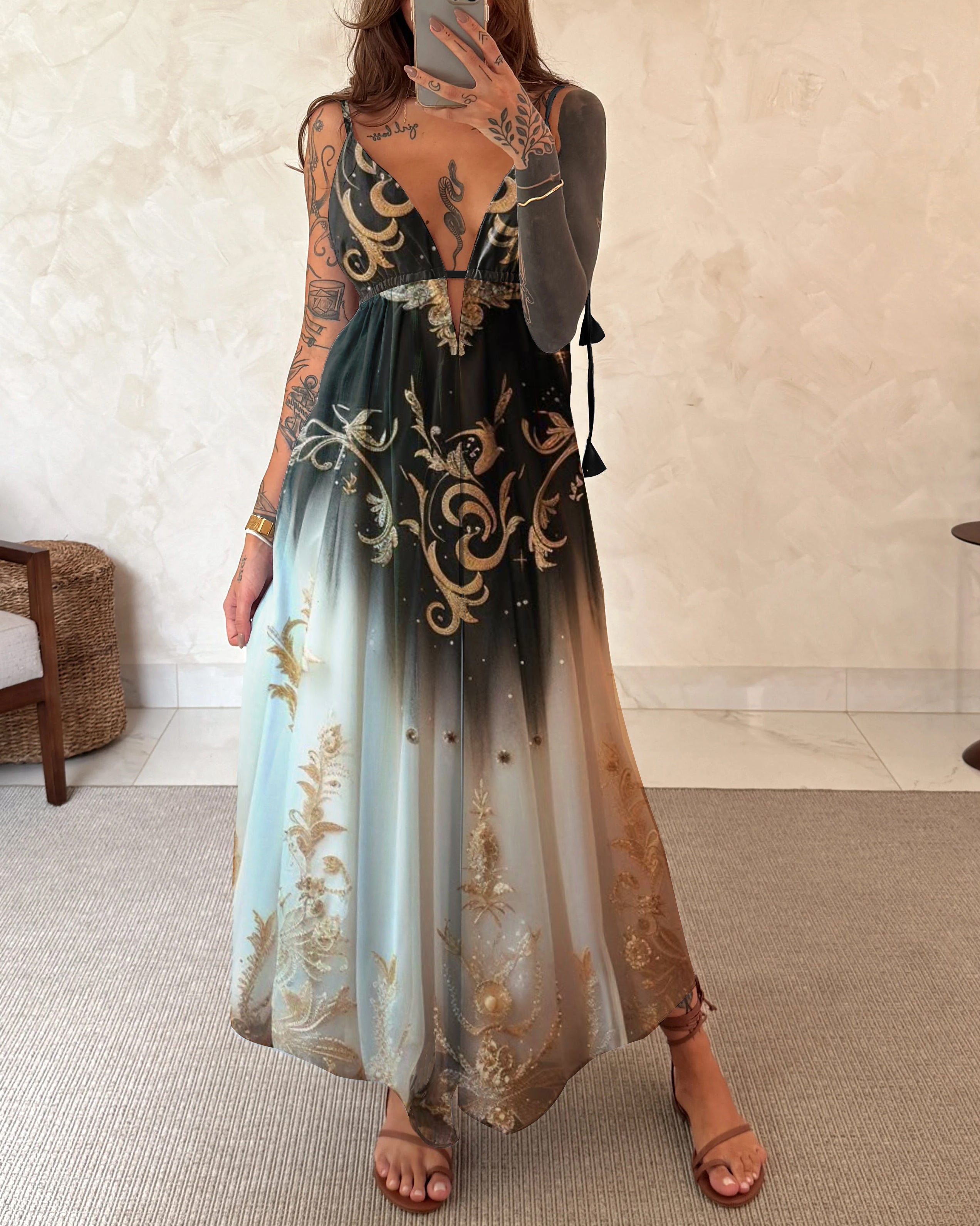 Golden Fern Wonderland Black and White Gradient Sling Dress