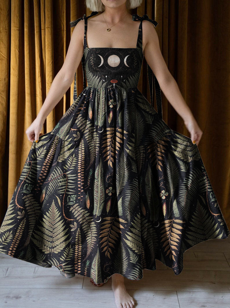 Dark Fern in the Moon Night Printed Halter Midi Dress