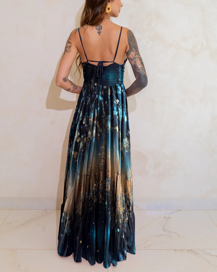 Mysterious Jewel-Tone Gradient Starlight Wonderland Print Long Dress