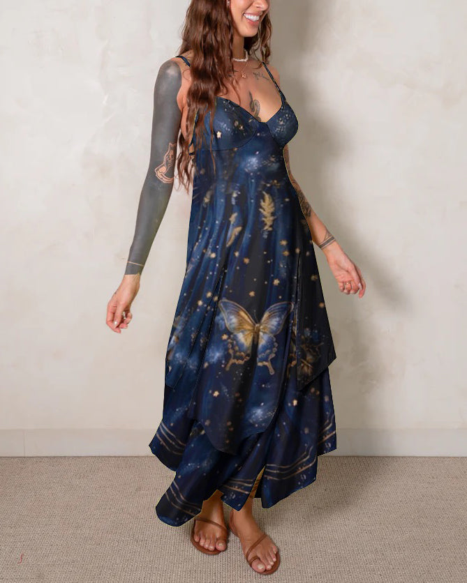 Undersea Starry Sky Butterfly Fairy Gradient Pattern Print Suspender Midi Dress