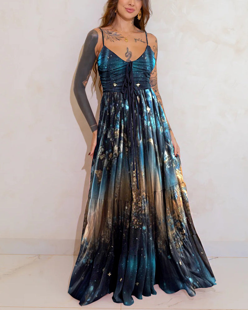 Mysterious Jewel-Tone Gradient Starlight Wonderland Print Long Dress