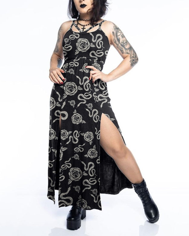 Dark Style Snake Flower Party Pattern Print Slit Dress