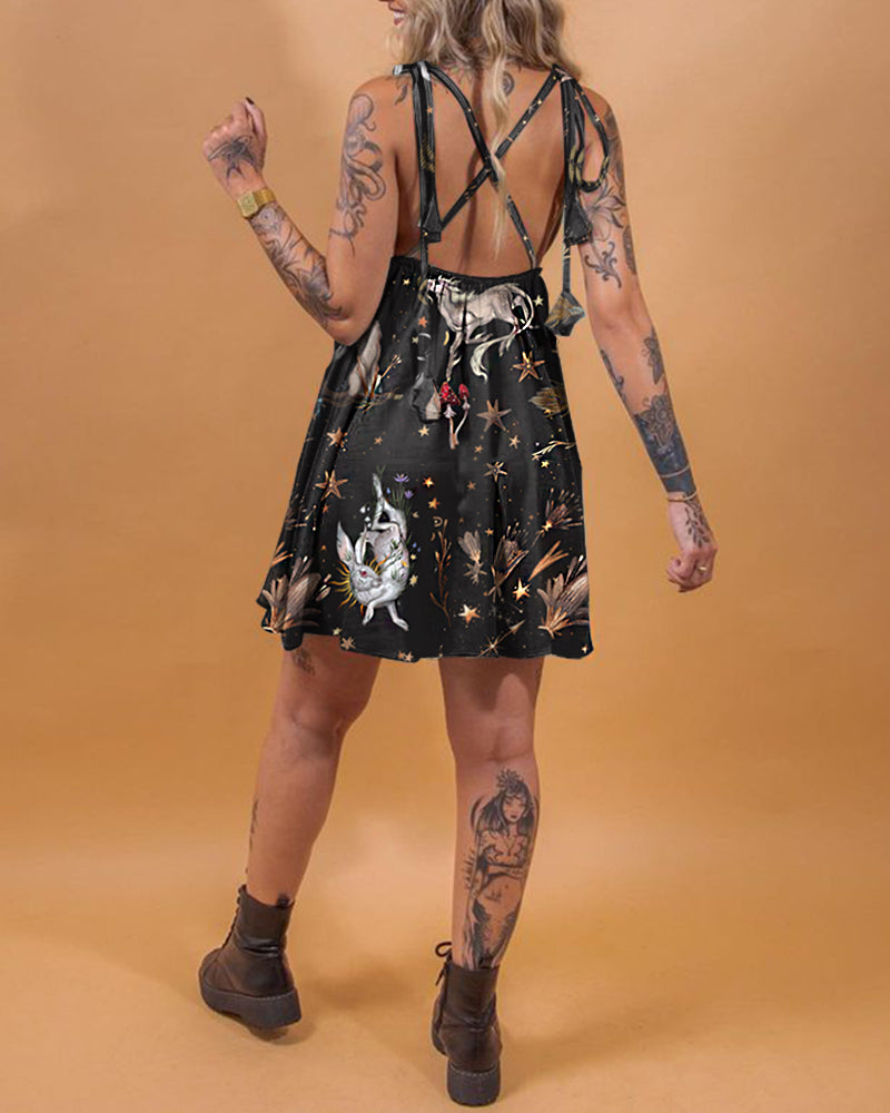 Magic Deer Family Print V-Neck Mini Dress