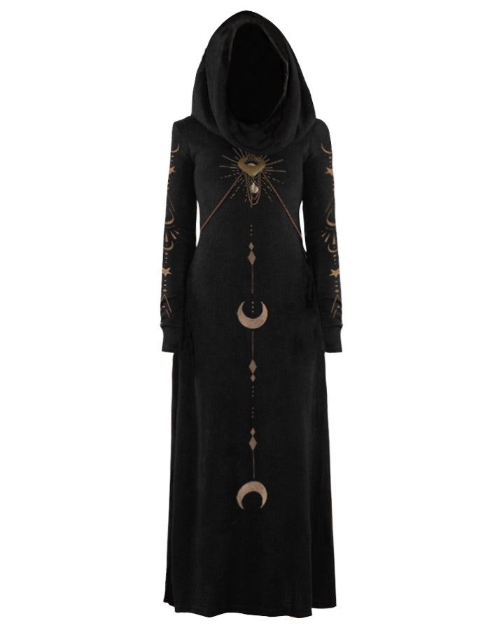 Mysterious Moon And Sun Goddess Persian Style  Print Long Sleeve  Dress