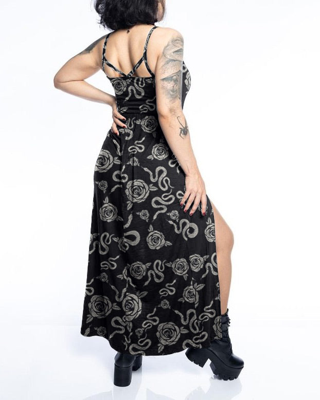 Dark Style Snake Flower Party Pattern Print Slit Dress