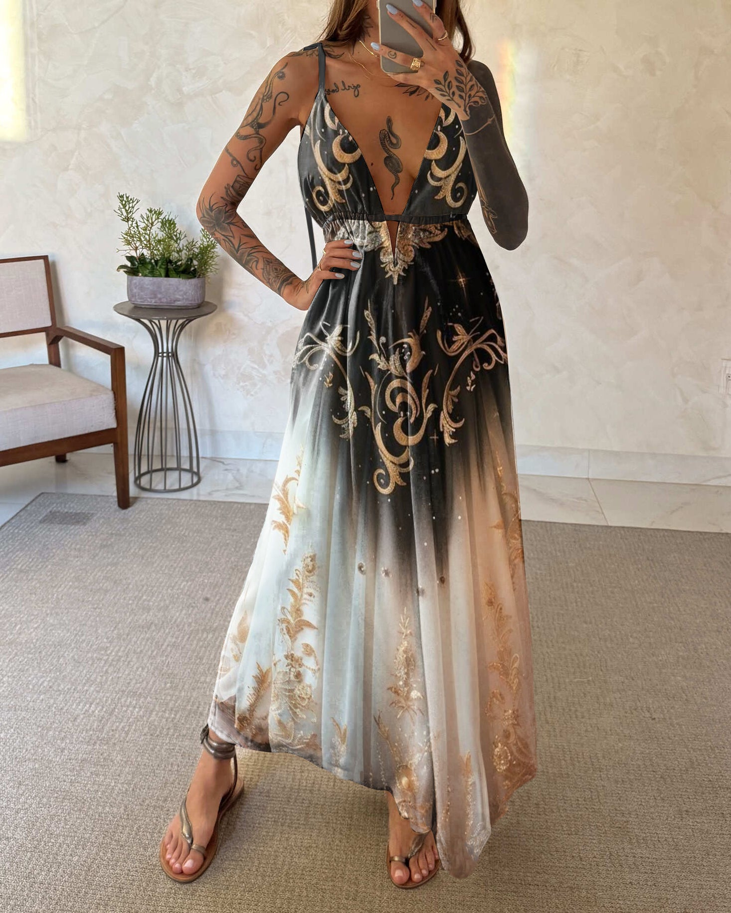 Golden Fern Wonderland Black and White Gradient Sling Dress