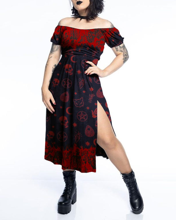 Gorgeous Fireworks Dark Elf Party Pattern Print Slit Dress