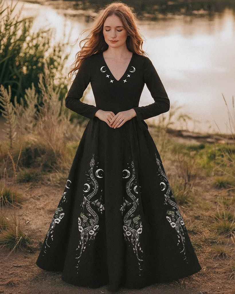 Silver Snake Luna Bats Plants Printed V-neck Maxi Dress