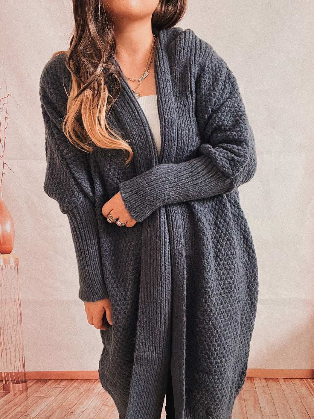 Loose Solid Color Batwing-Sleeves Scarf Lapel Knitted Long Cardigan Sweater