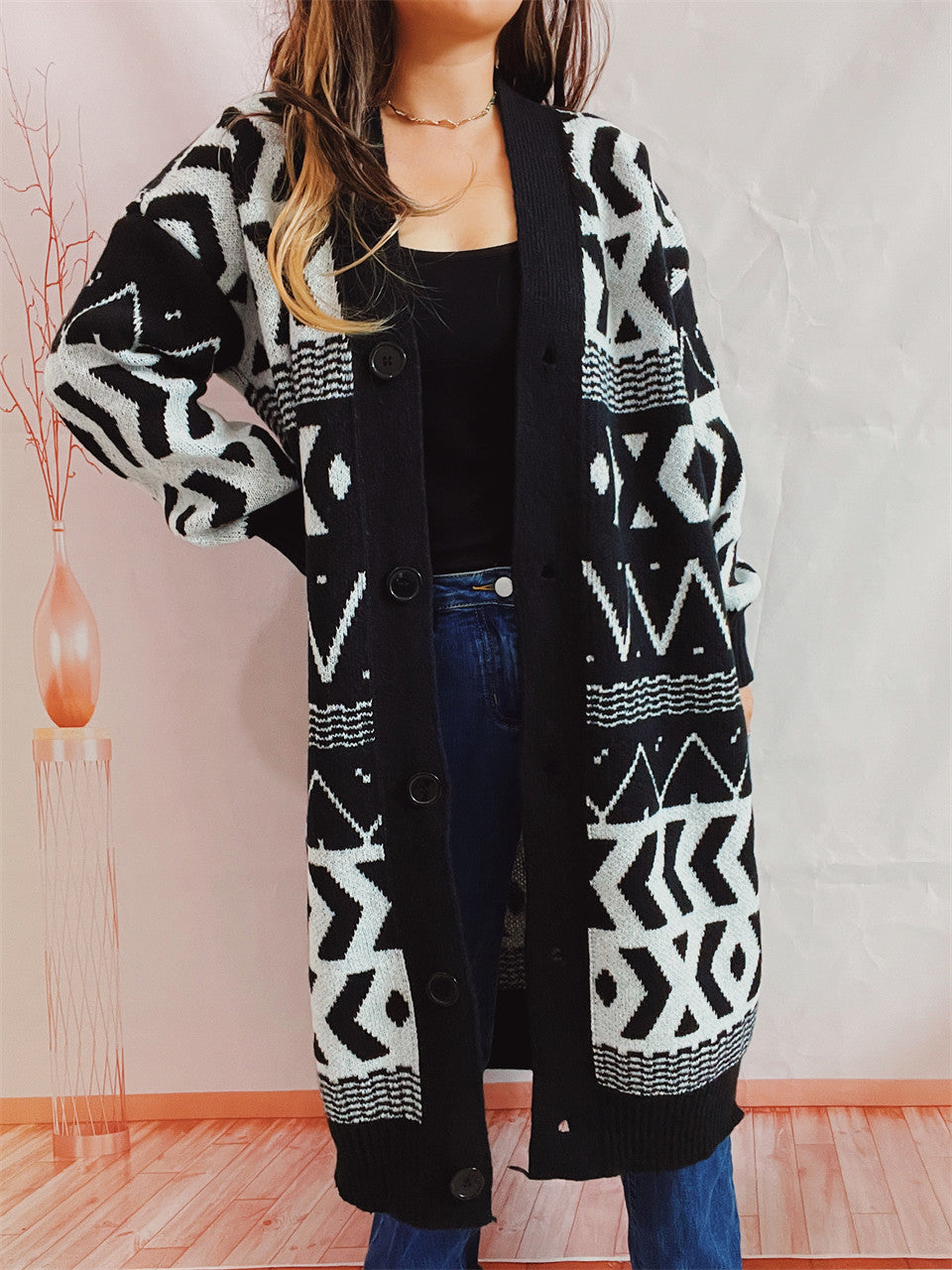 Retro Geometric Pattern Ethnic Style Cardigan Sweater