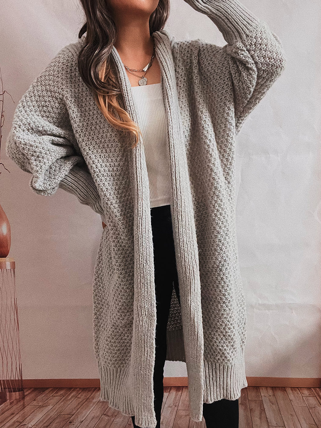 Loose Solid Color Batwing-Sleeves Scarf Lapel Knitted Long Cardigan Sweater