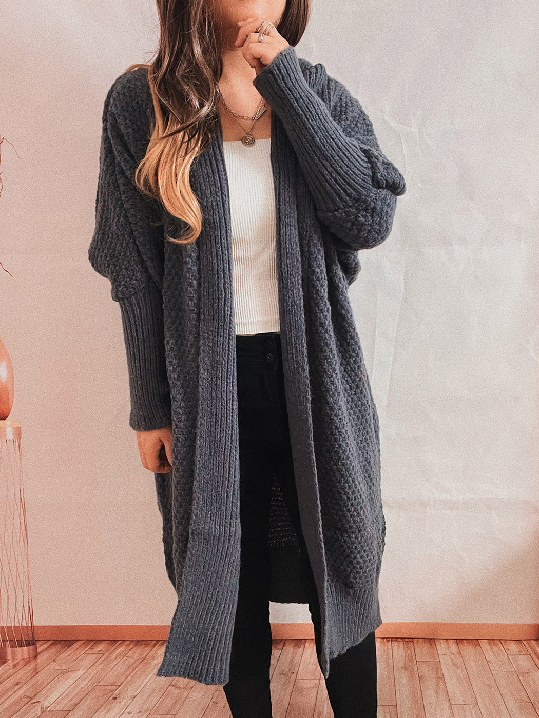 Loose Solid Color Batwing-Sleeves Scarf Lapel Knitted Long Cardigan Sweater