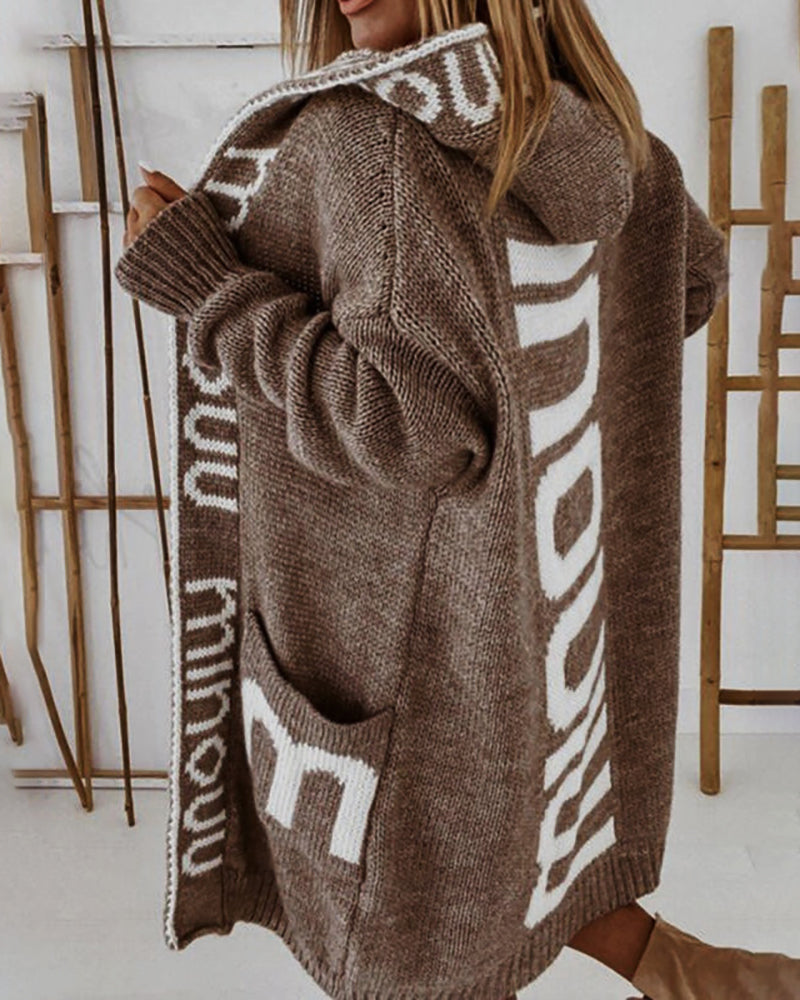 Letter Print Hooded Knitted Cardigan Sweater