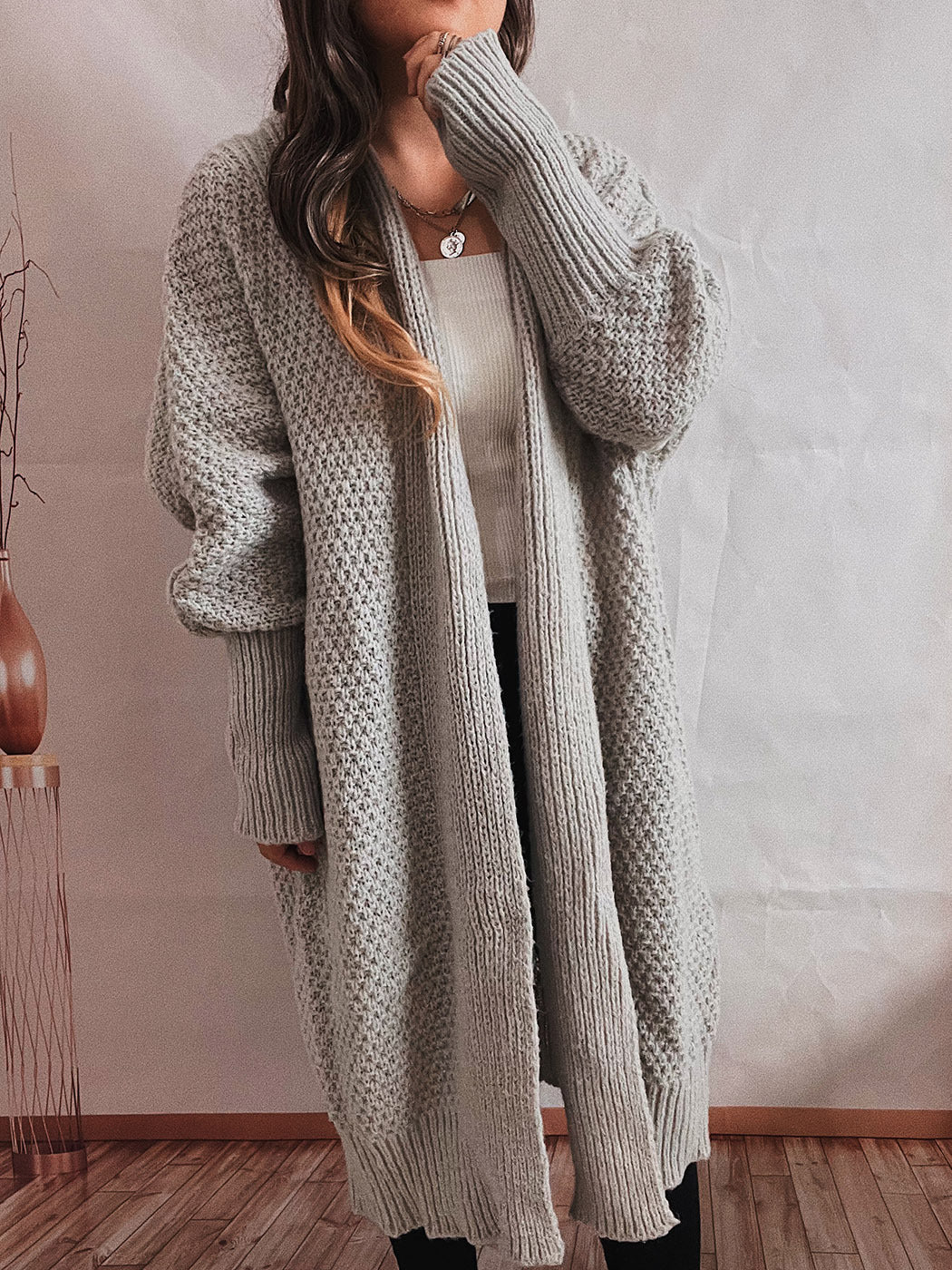 Loose Solid Color Batwing-Sleeves Scarf Lapel Knitted Long Cardigan Sweater
