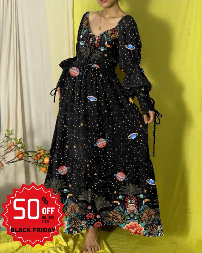 Amazing Planet Universe Print Petite V-neck Smock Dress