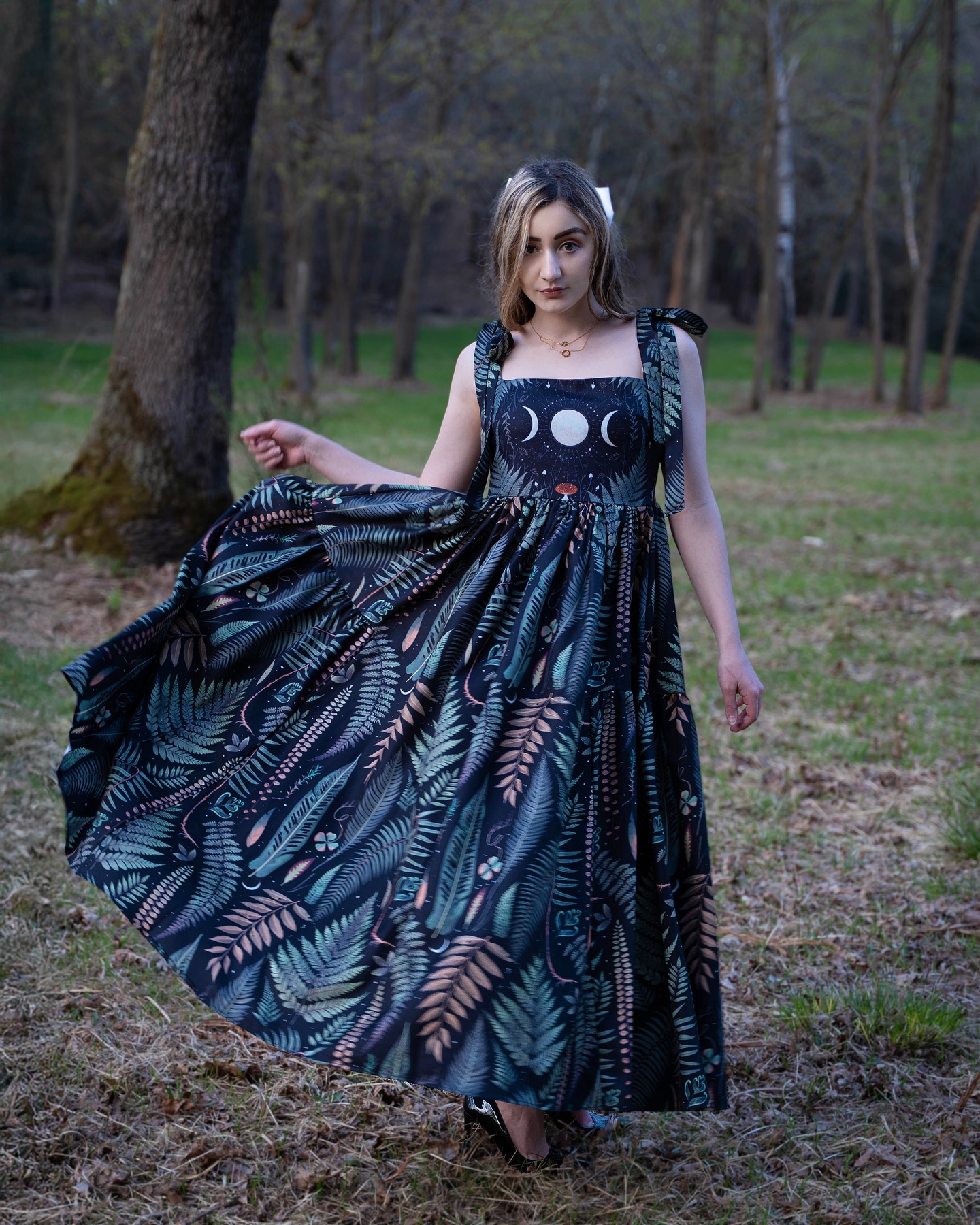 Dark Fern in the Moon Night Printed Halter Midi Dress