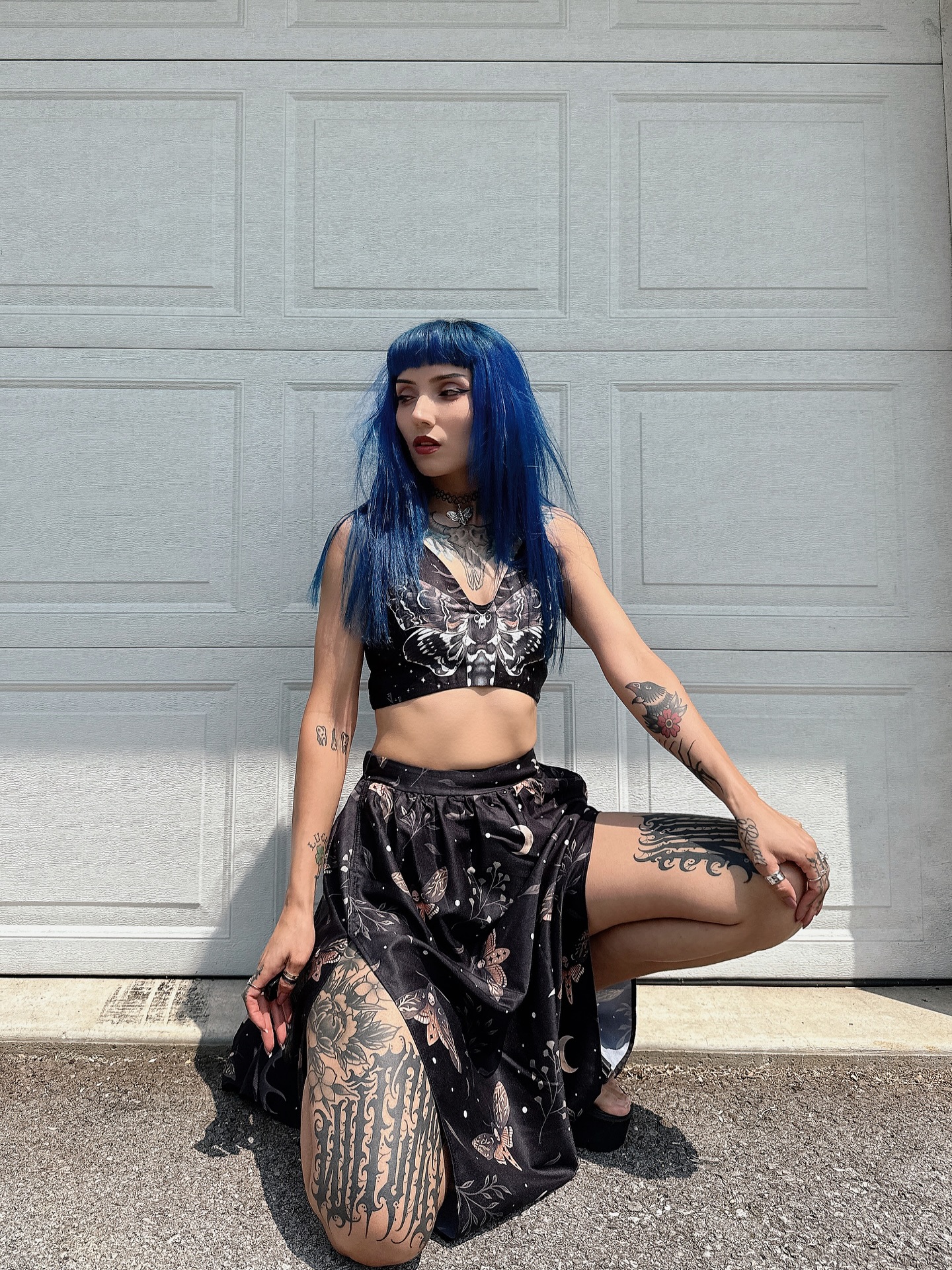 Death's Head Moth Print Suspender And Skirt Two-Piece Set
