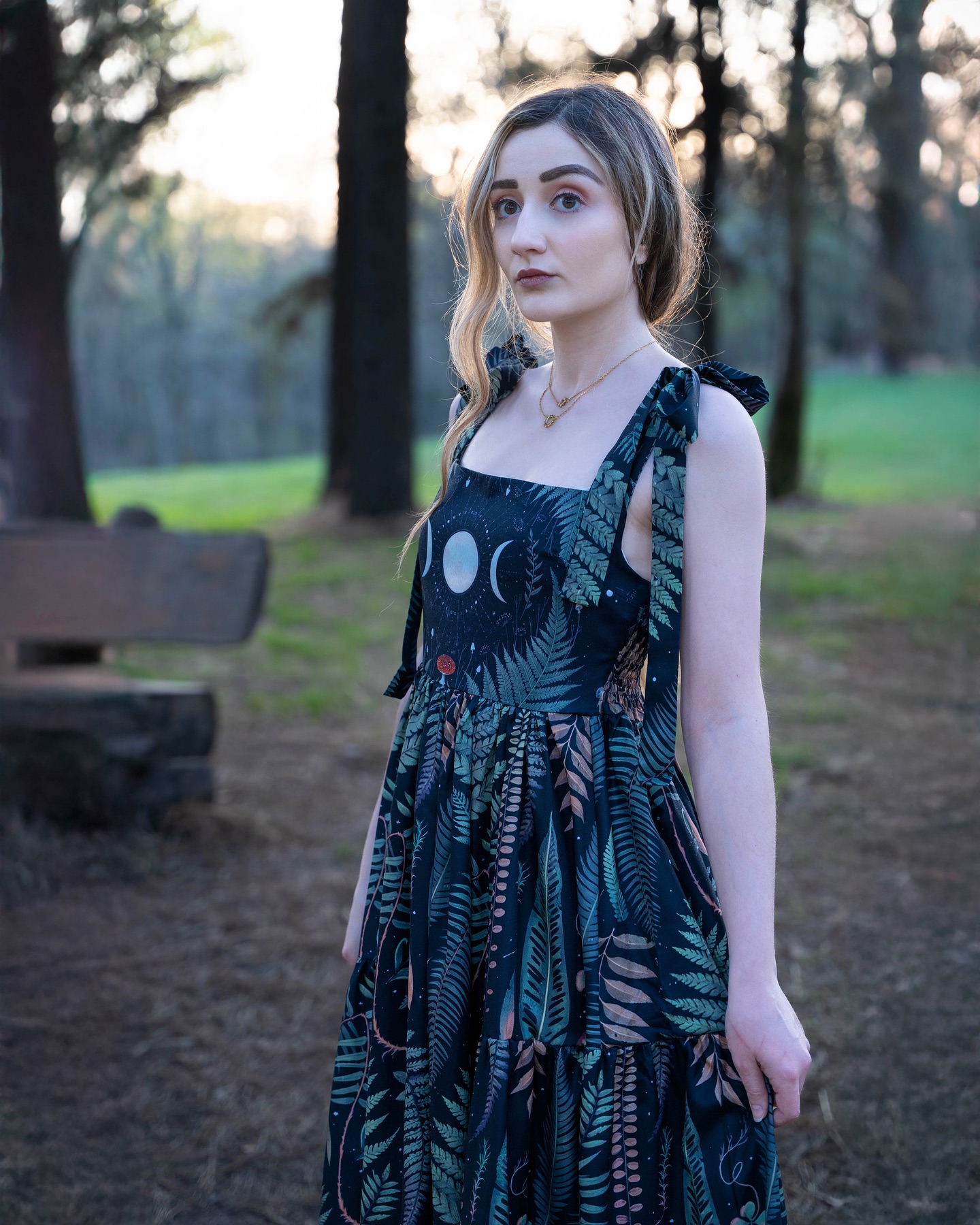 Dark Fern in the Moon Night Printed Halter Midi Dress