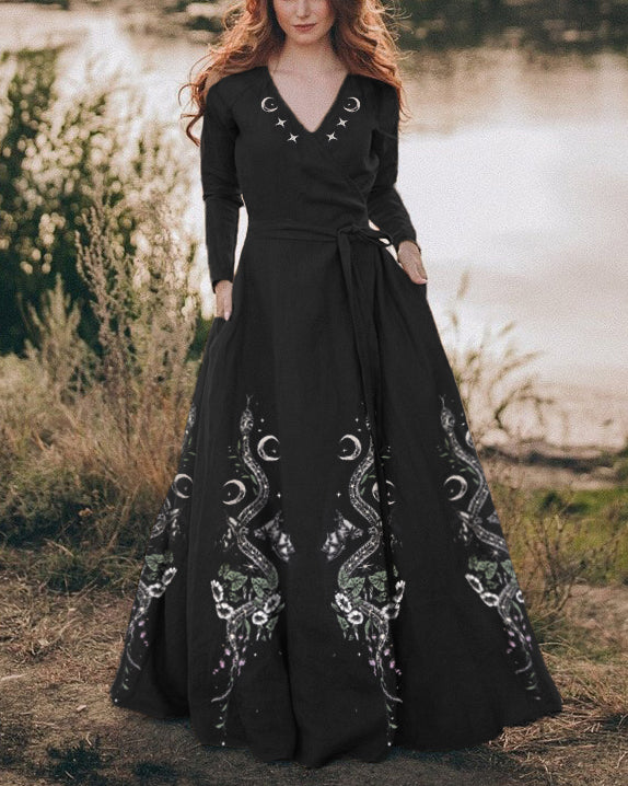 Silver Snake Luna Bats Plants Printed V-neck Maxi Dress