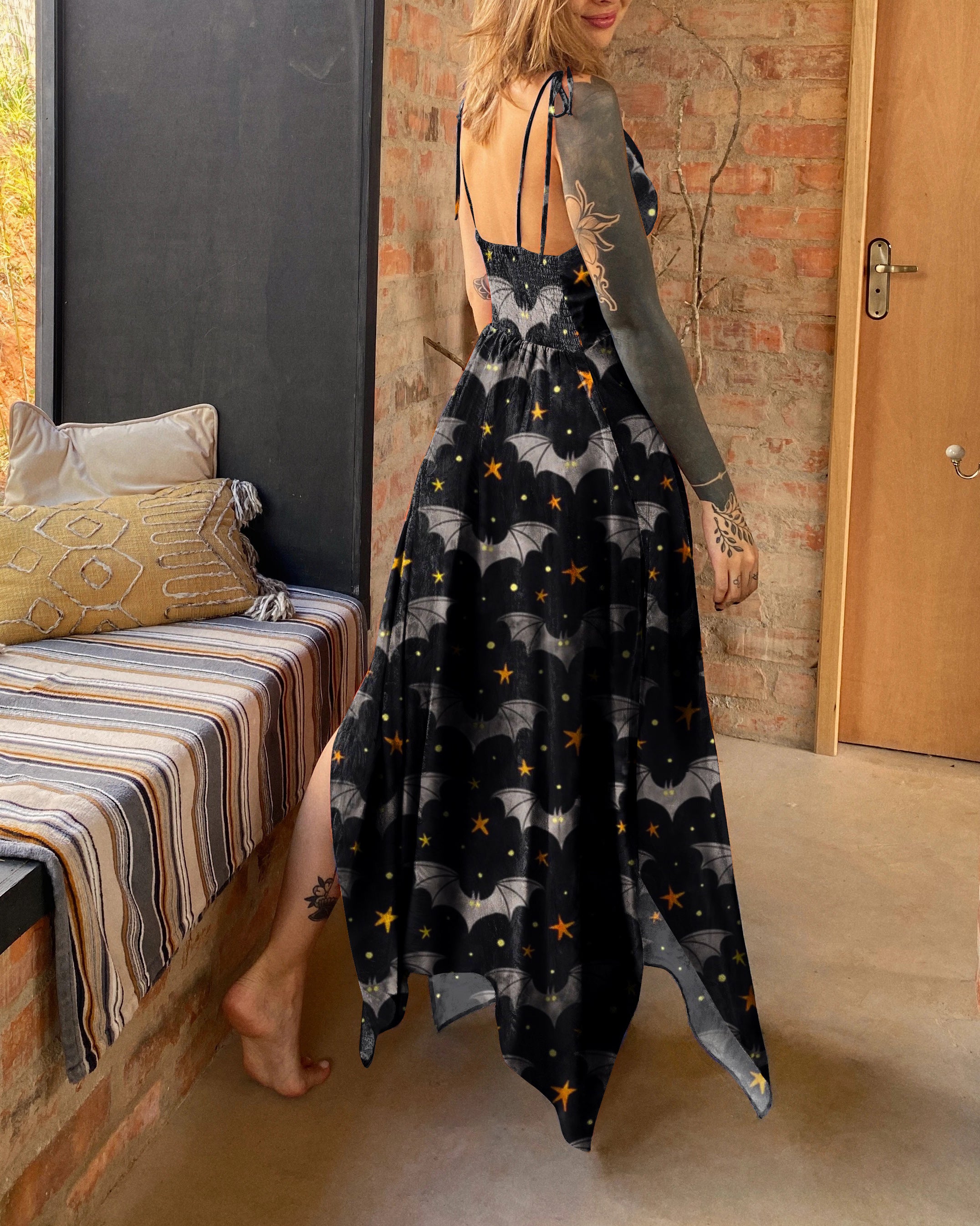 Funny White Bat and Star Print Strap Dress