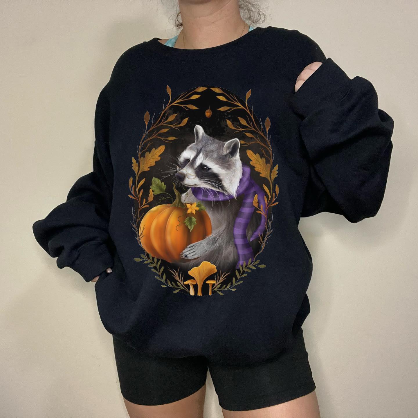 Pumpkin Raccoon Maple Forest Printed Casual Sweatshirt