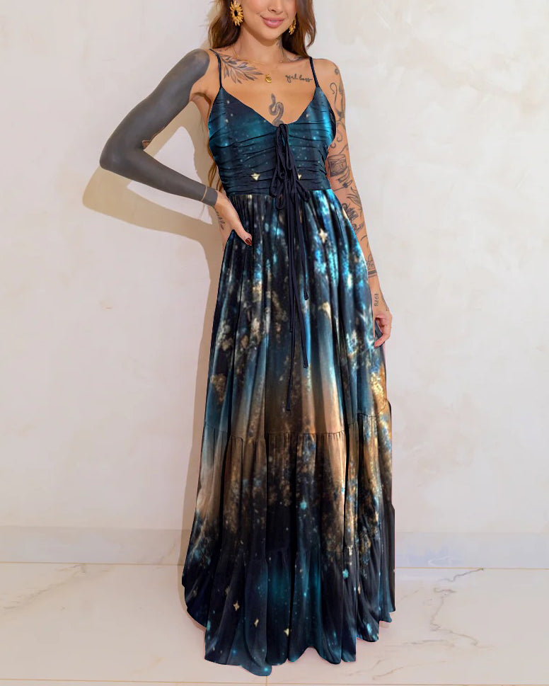 Mysterious Jewel-Tone Gradient Starlight Wonderland Print Long Dress