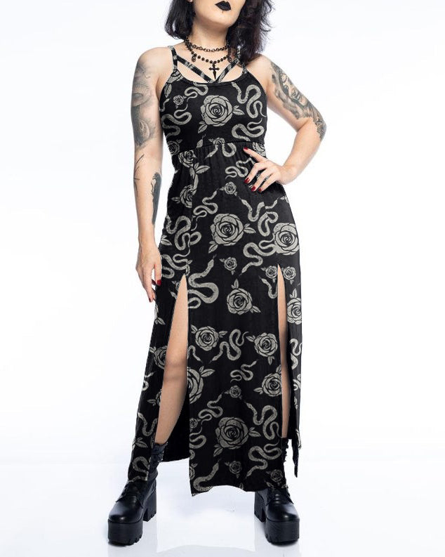 Dark Style Snake Flower Party Pattern Print Slit Dress
