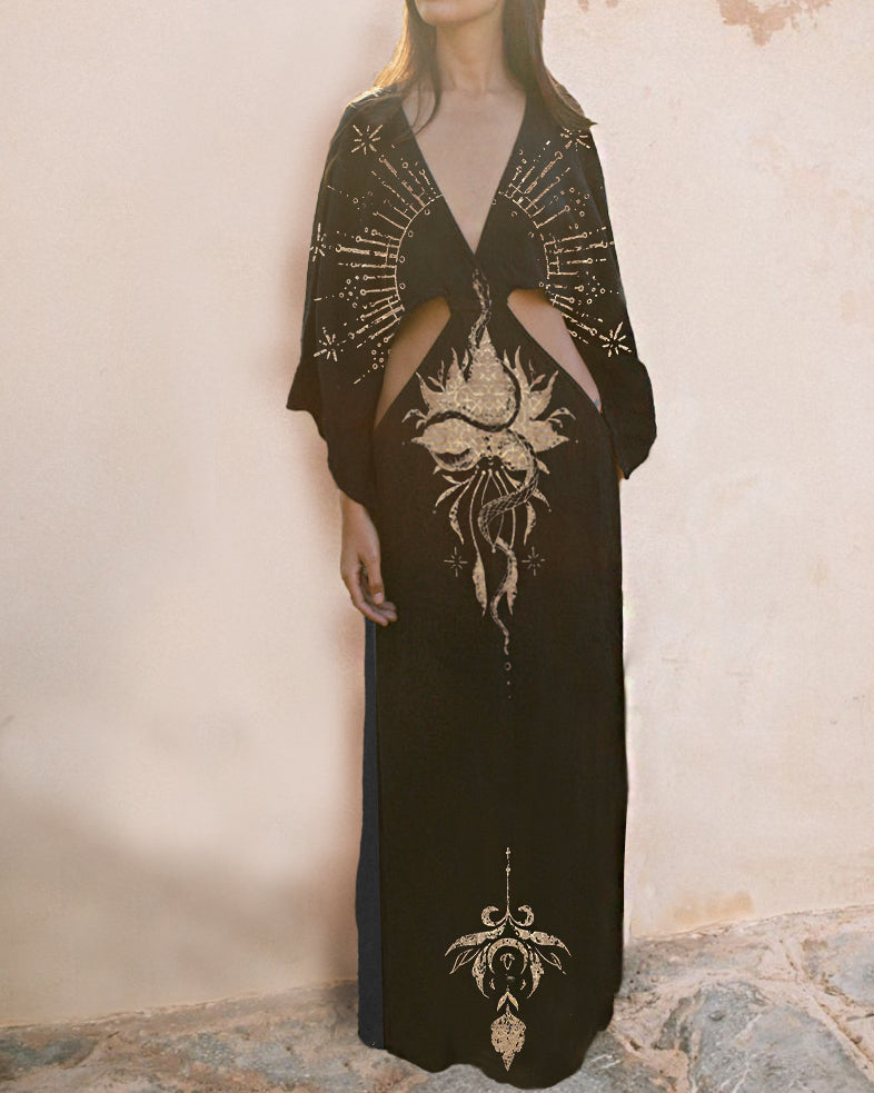 Golden Light Of The Holy Spirit And Lotus Embrace Snake Pattern Print Hollow Low Waist Dress