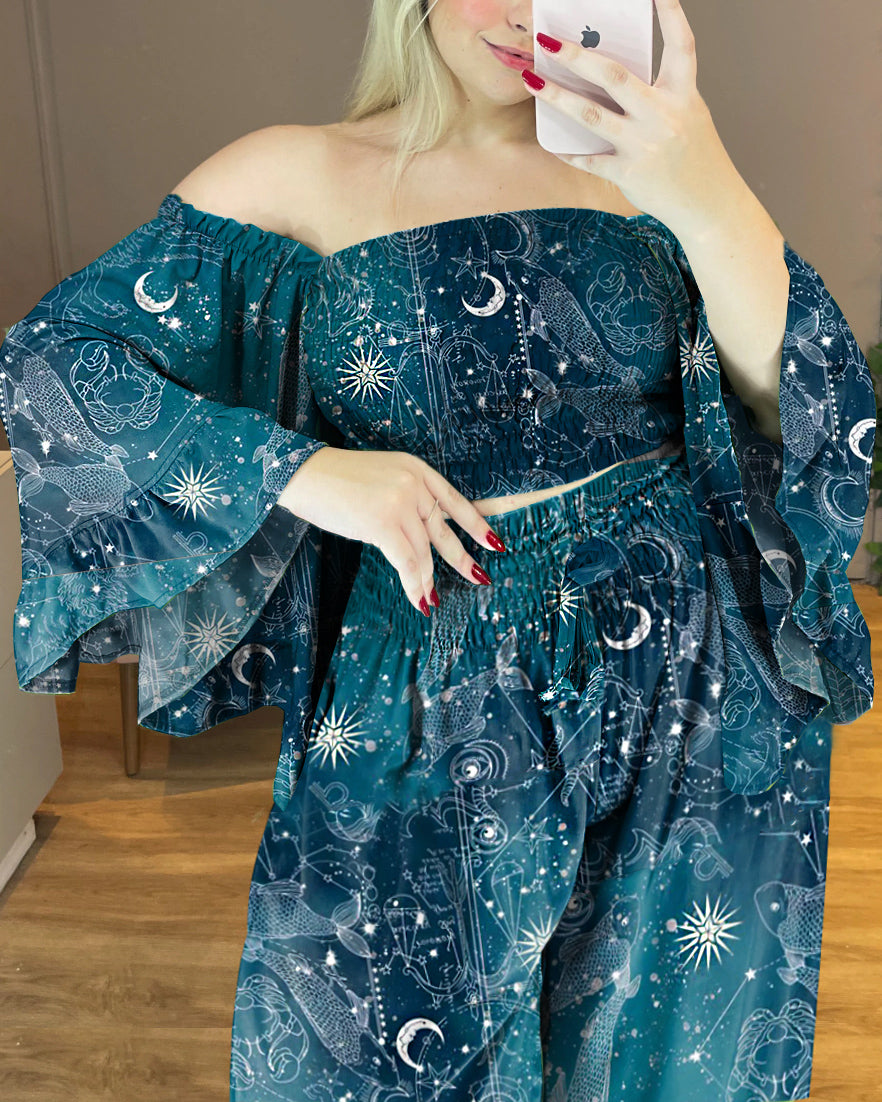 Undersea Constellation Casual Blue Long Sleeve Plus Size  Two-piece Set