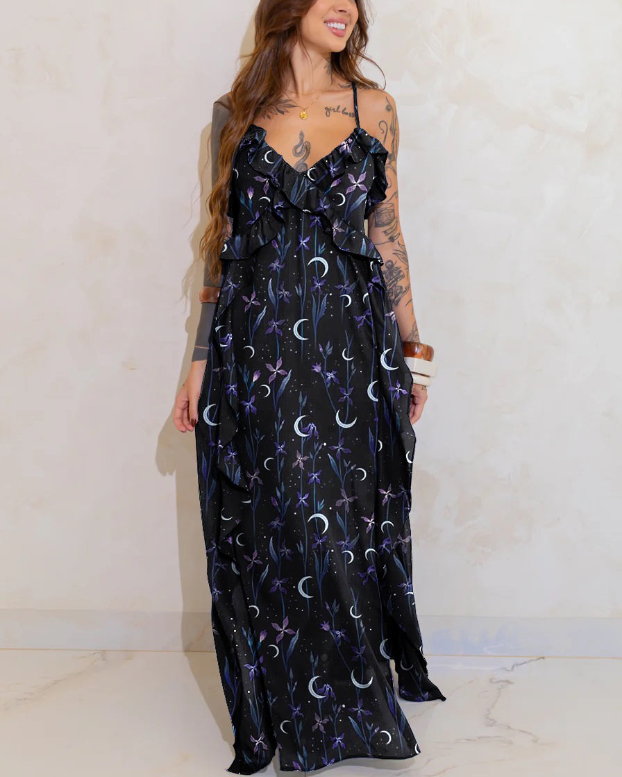 Purple Wonderland Moon Goddess Advent Print Lace Long Dress