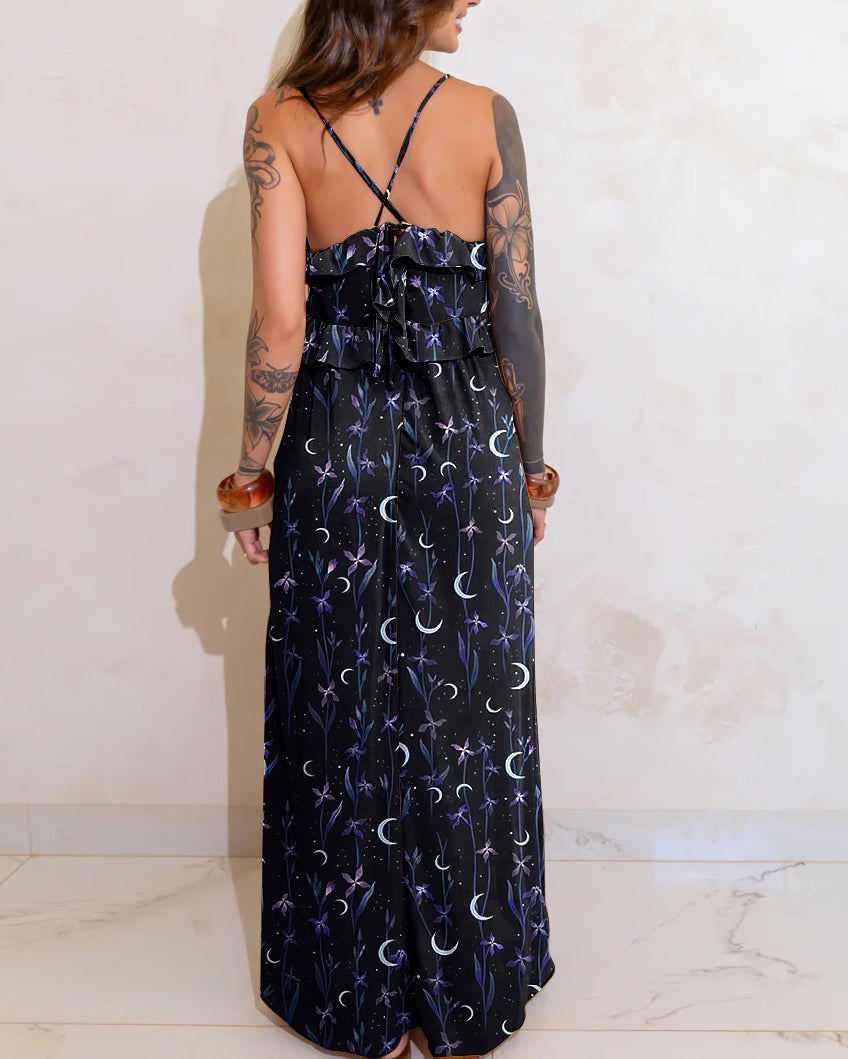 Purple Wonderland Moon Goddess Advent Print Lace Long Dress