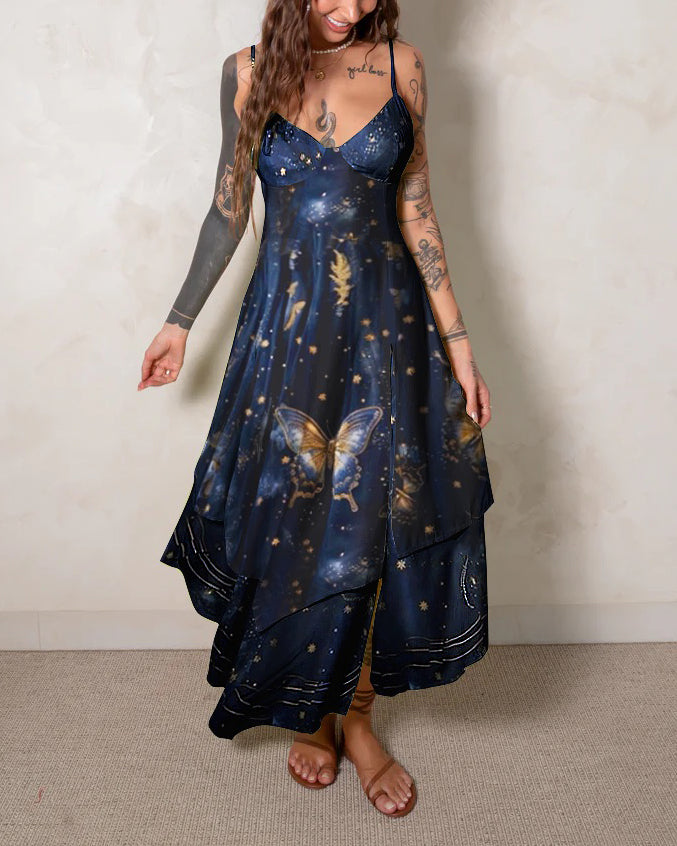 Undersea Starry Sky Butterfly Fairy Gradient Pattern Print Suspender Midi Dress