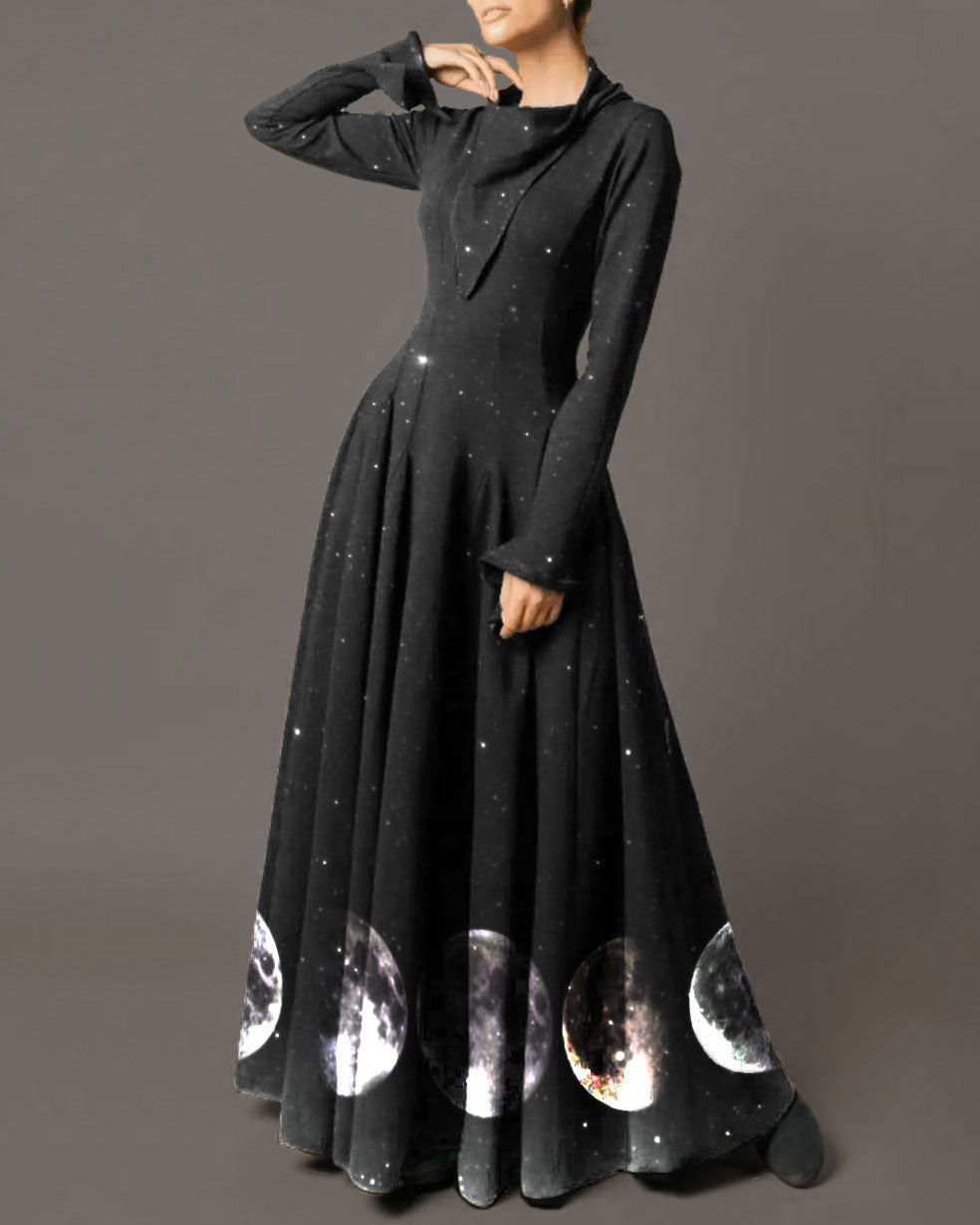 Dreamy Moon Phase Starry Sky Printed Lapel Dress