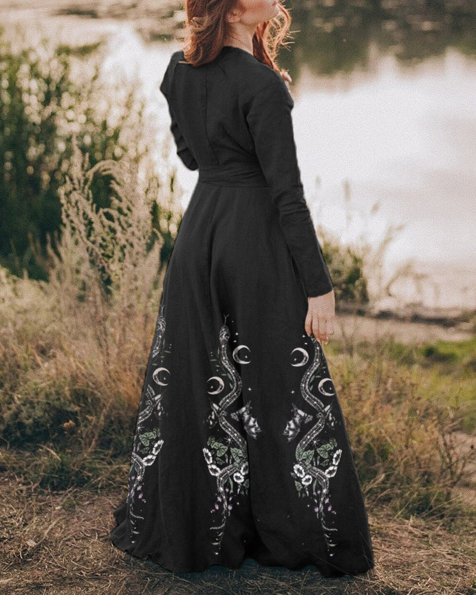 Silver Snake Luna Bats Plants Printed V-neck Maxi Dress