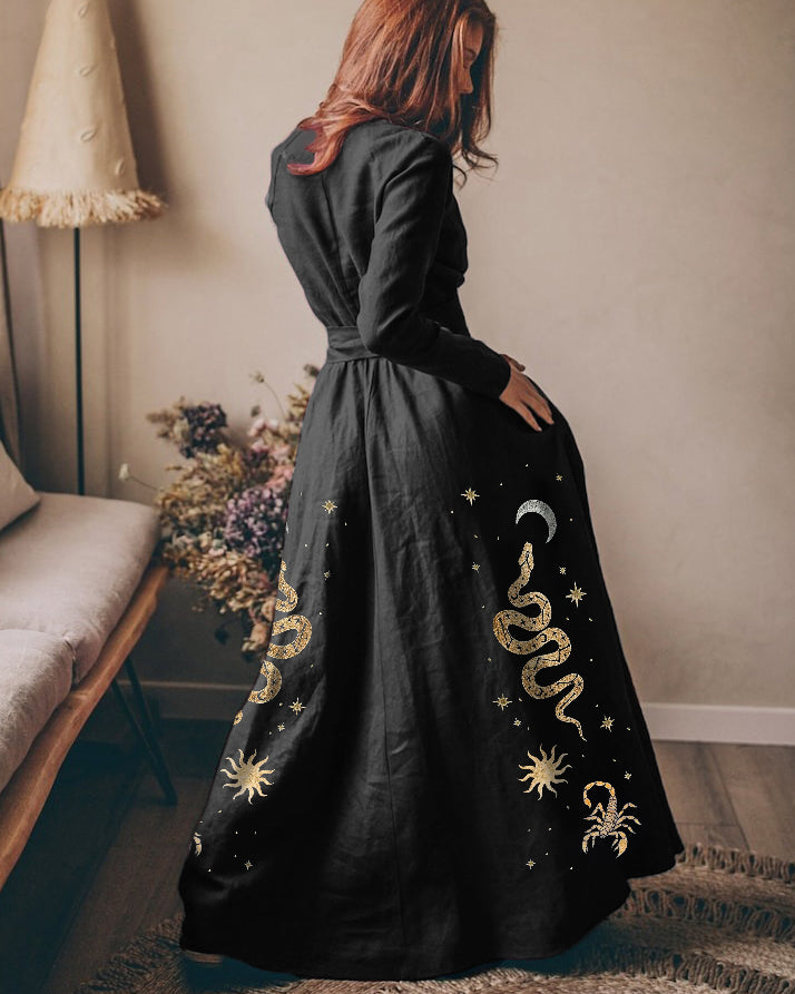 Golden Snakes Scorpio Constellation Witchery Starry Printed Maxi Dress