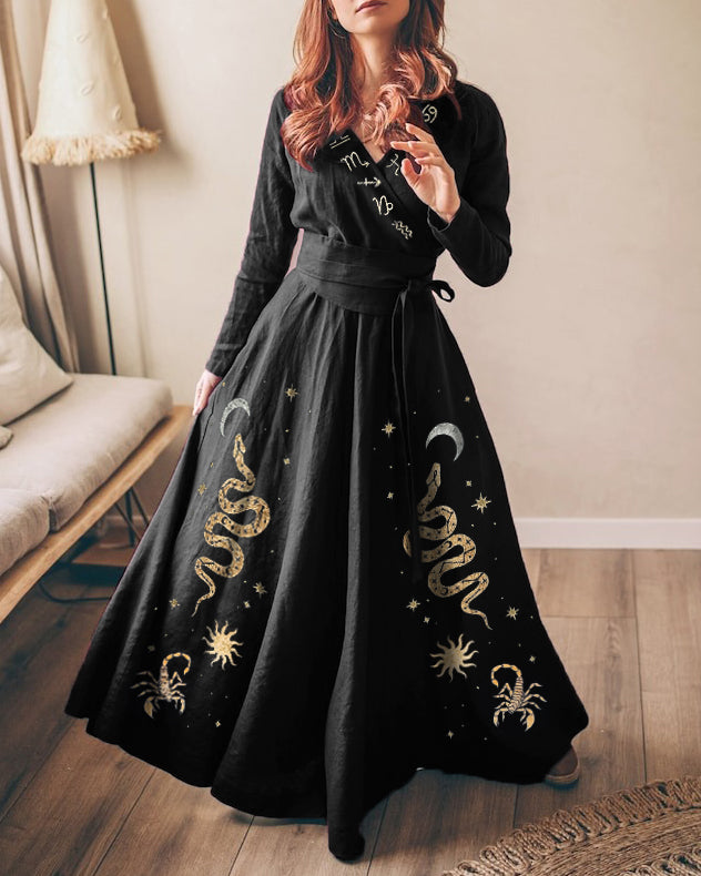 Golden Snakes Scorpio Constellation Witchery Starry Printed Maxi Dress