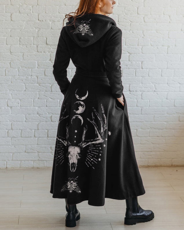 Death Deer Skull Moon Phase Printed Hoodie Coat Dress
